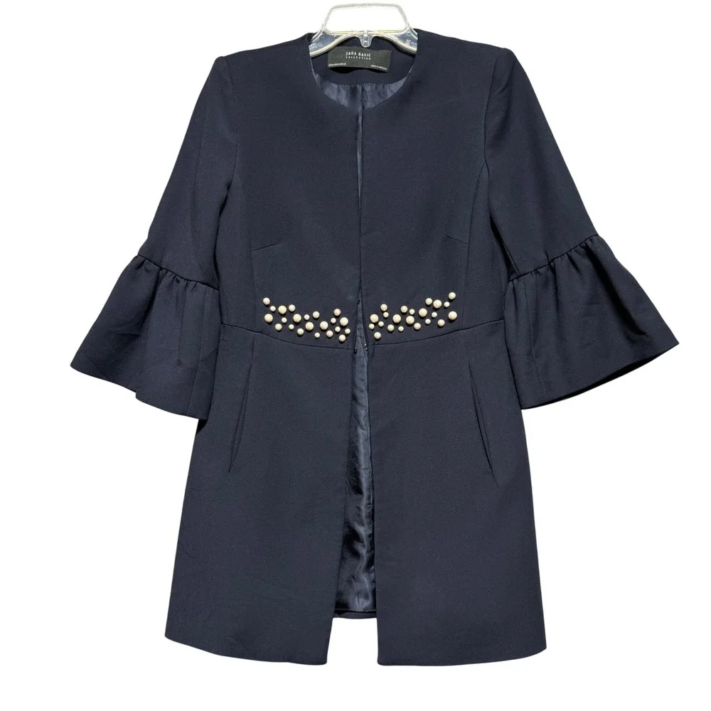 Zara Basic Navy Blue Pearl Embellished Bell Sleeve Collarless Coat Jacket Size M